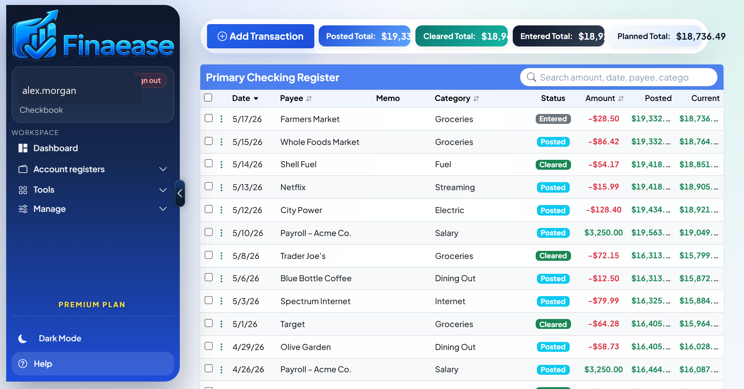 Finaease checkbook register with transactions and account balances